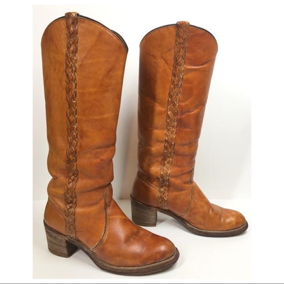 CAPEZIO True Vintage 70’s Yellow Golden Tan Leather Western Boho Tall Boot - Picture 5 of 16